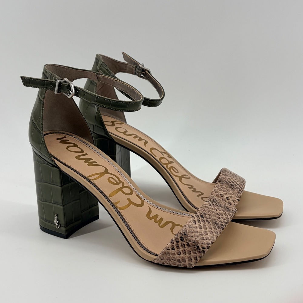 Sam Edelman Daniella Sandals Womens 10.5 Green Croc Snakeskin Block Heel